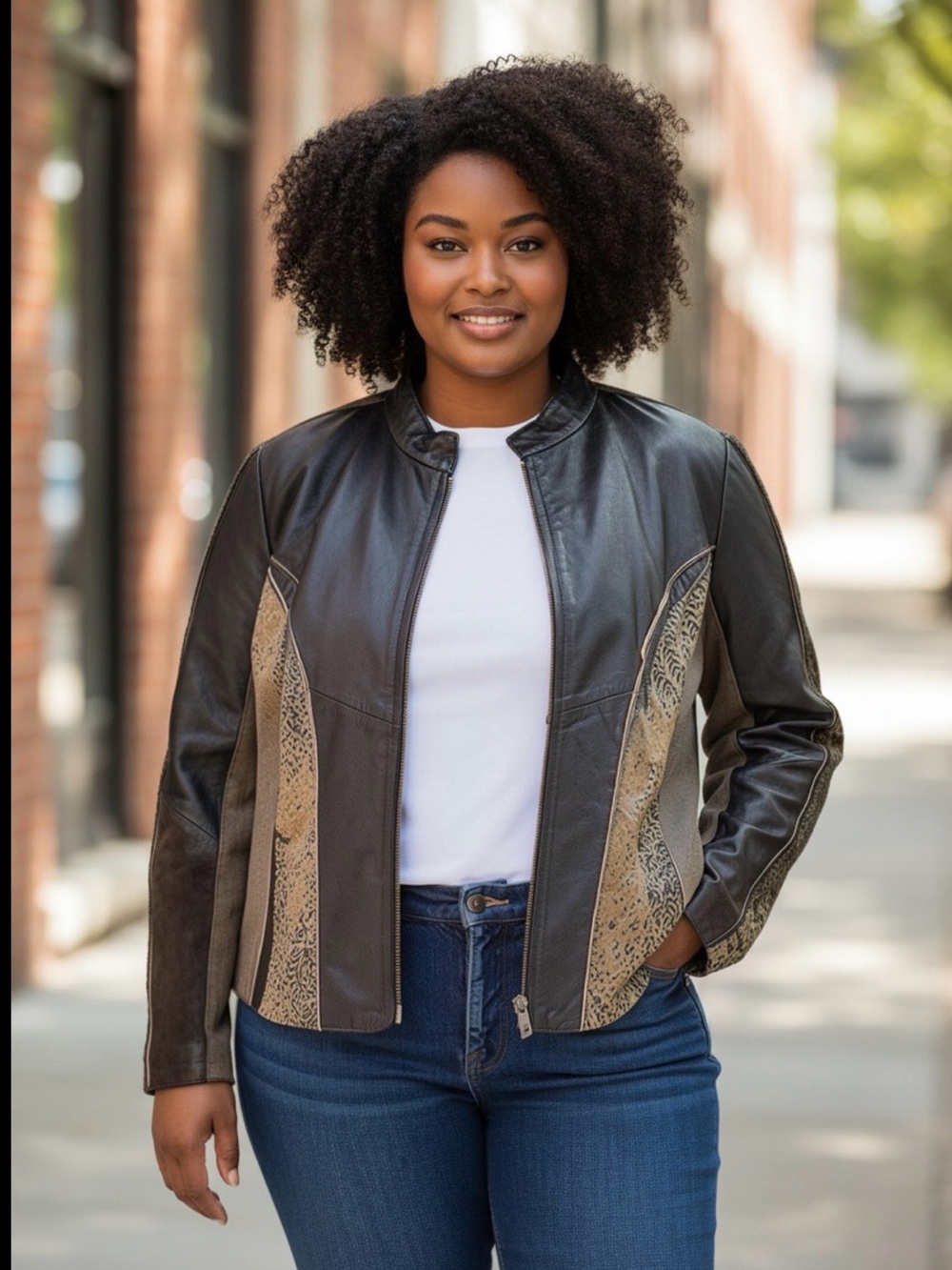 Koos Women's 1X Leather Mixed Media Zip Jacket Animal Print Tweed Moto Funky